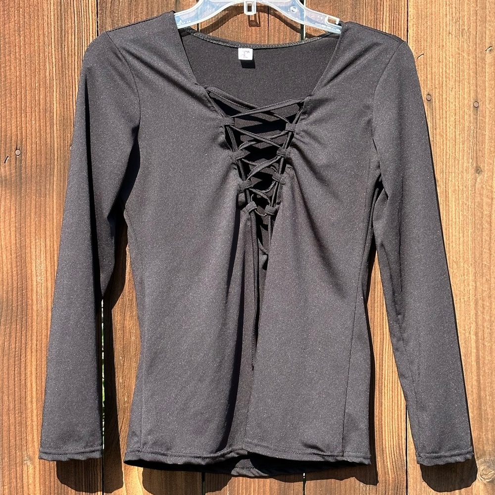 Women’s V-Neck Lace Up Front Black Top Sz L Long Sleeve EUC